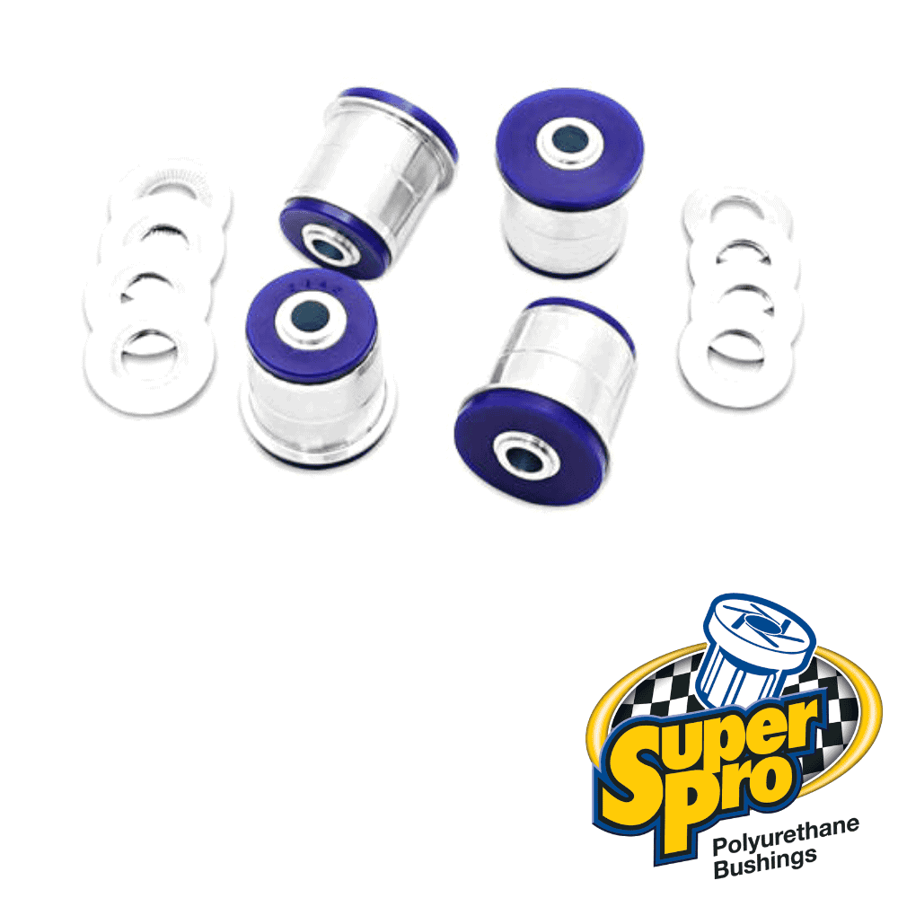 Polyurethane bushings for automotive suspension, blue and silver, with SuperPro branding.