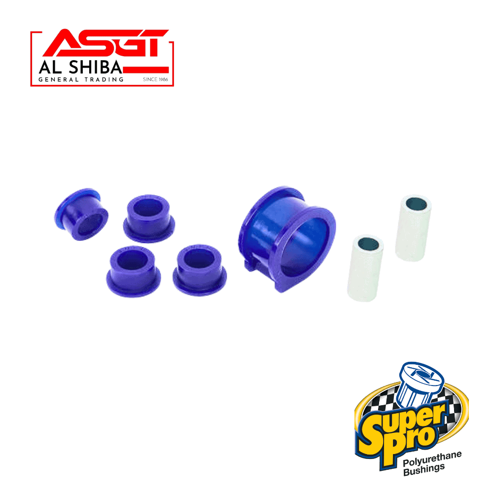 Blue polyurethane bushings and white spacers for automotive suspension systems.