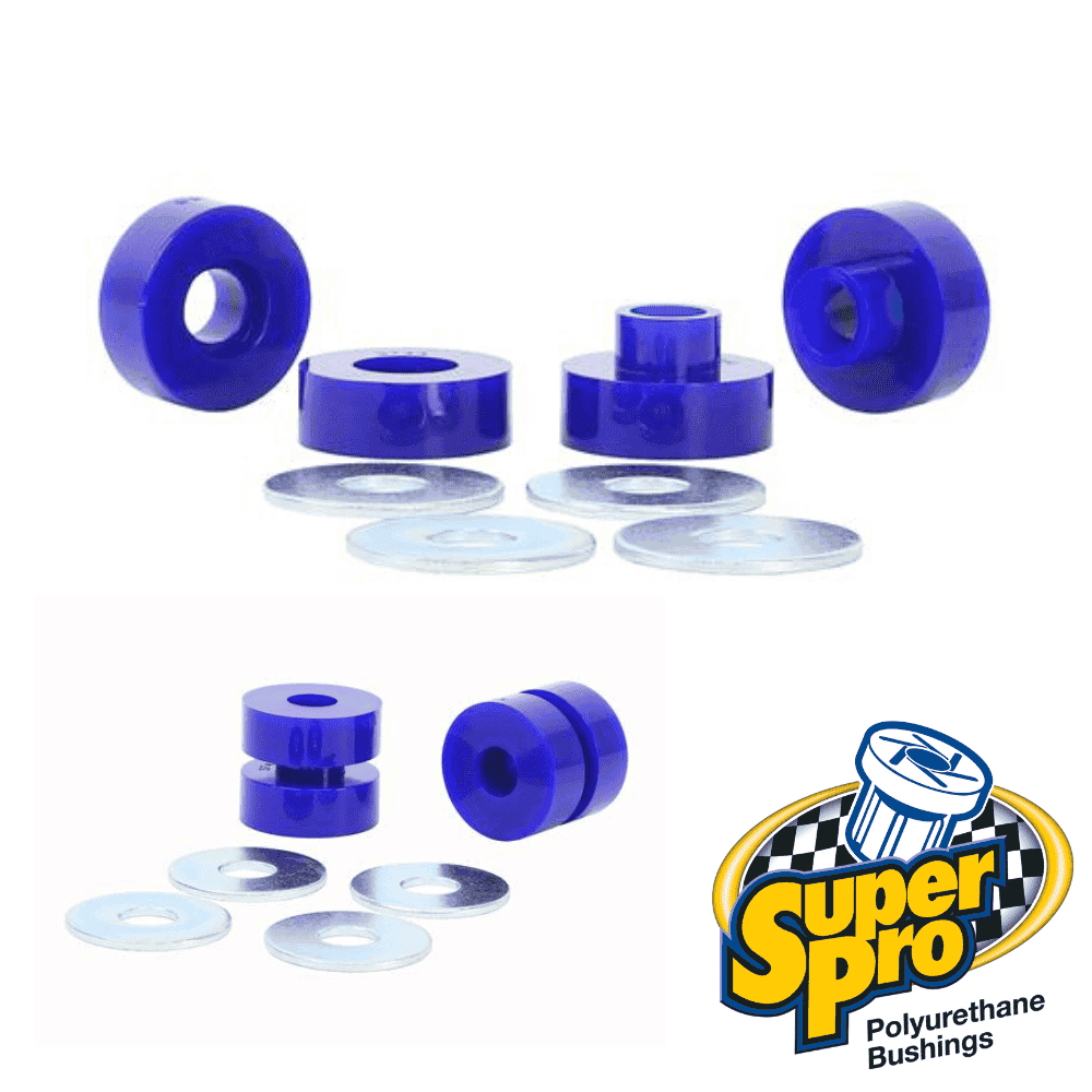 Blue polyurethane bushings for automotive suspension and performance upgrades.