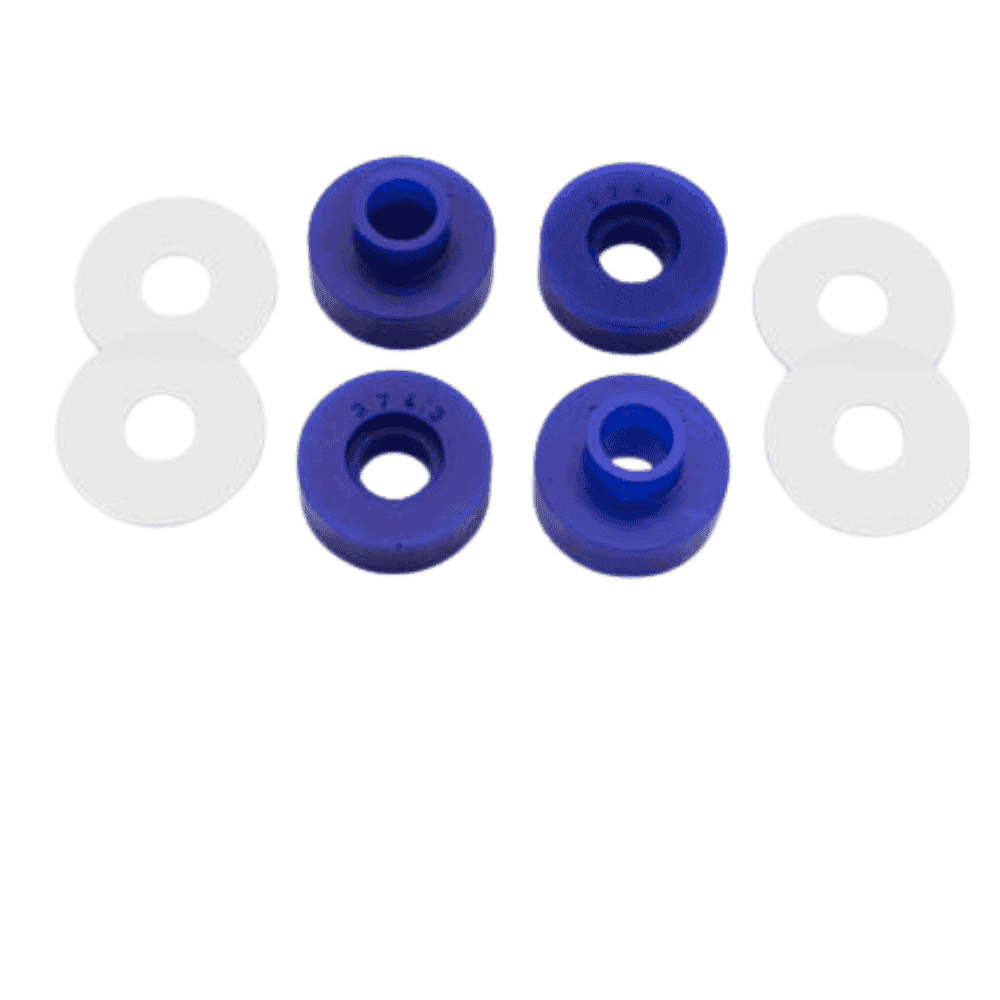 Blue rubber bushings for automotive suspension systems.