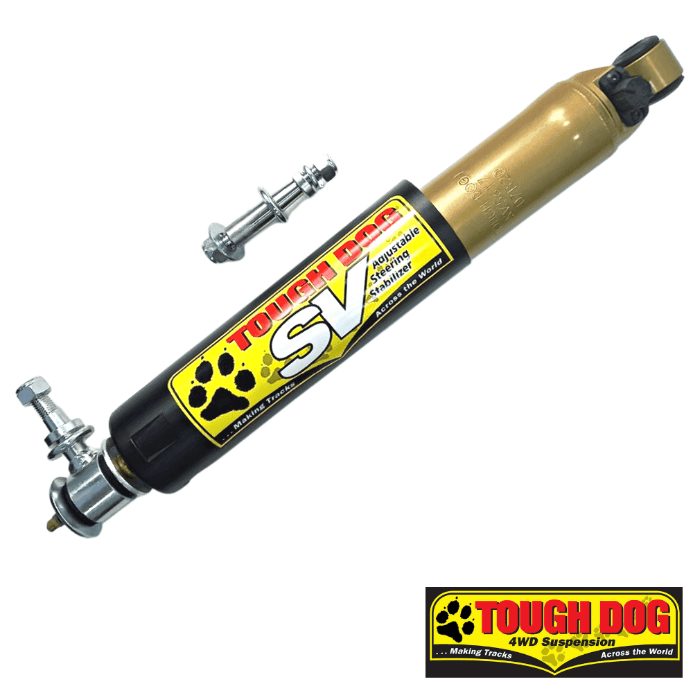 Tough Dog adjustable steering stabilizer for off-road vehicles and 4WD suspension systems.