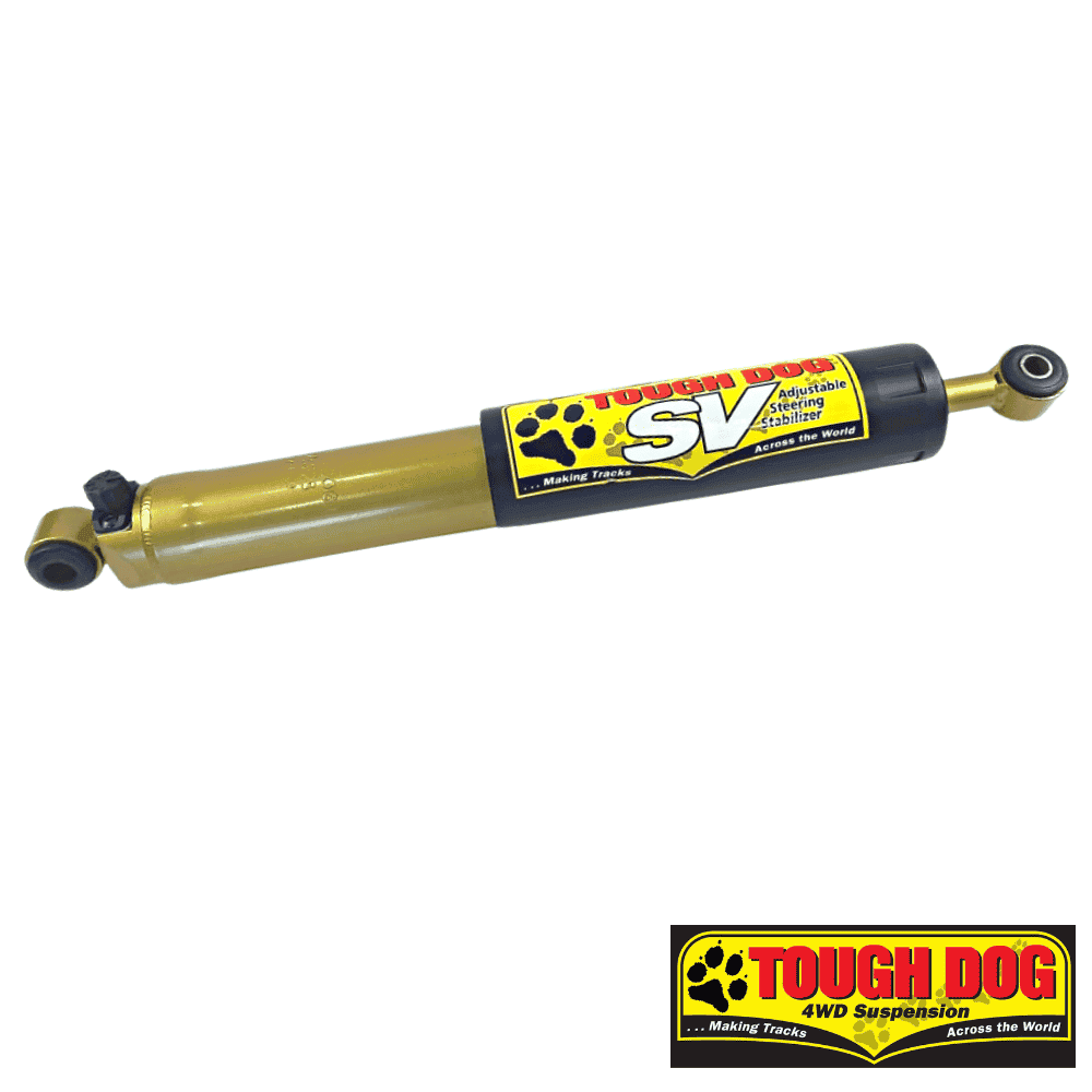 Shock absorber for vehicle suspension with Tough Dog branding, designed for off-road durability and.
