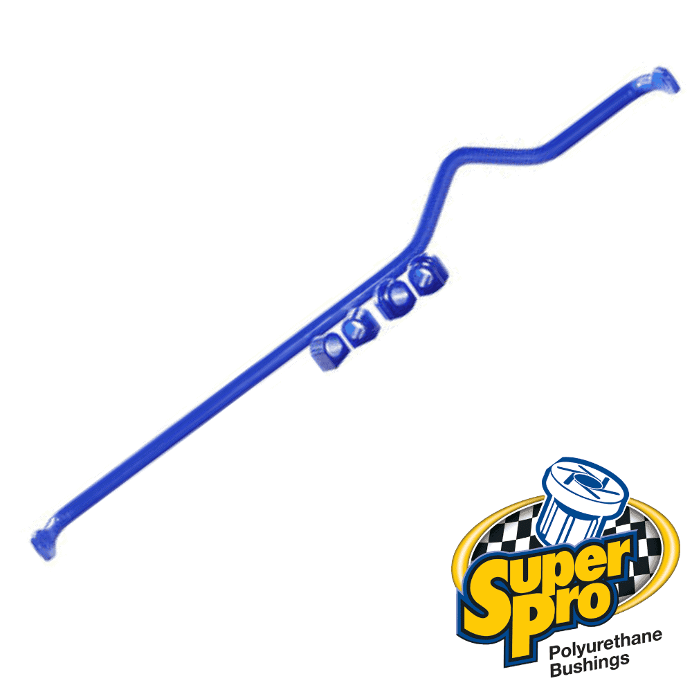 Polyurethane bushings and blue sway bar for automotive suspension, branded SuperPro.