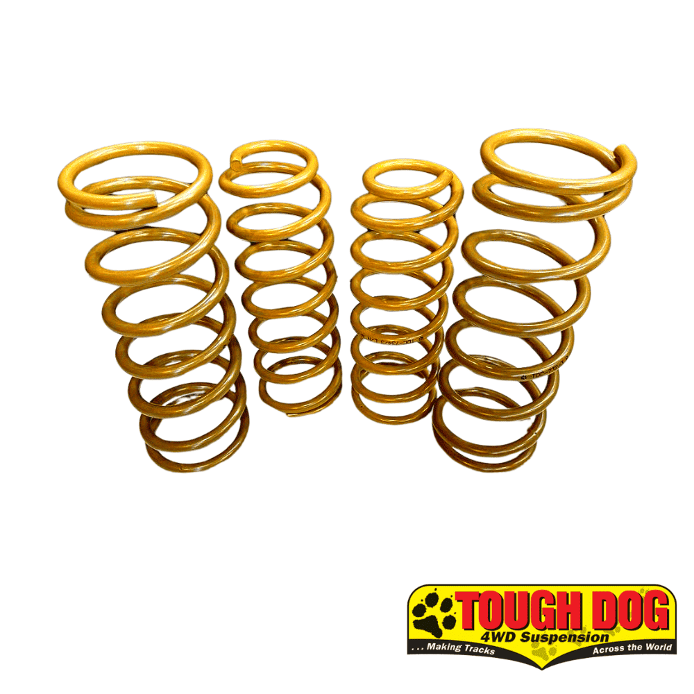 Heavy-duty yellow coil springs for automotive suspension systems.