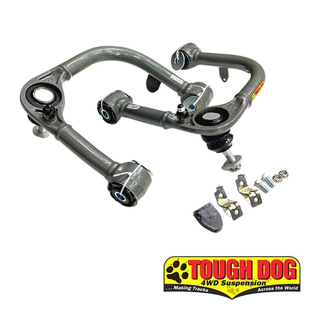 Heavy-duty automotive suspension component with mounting hardware and bushings.