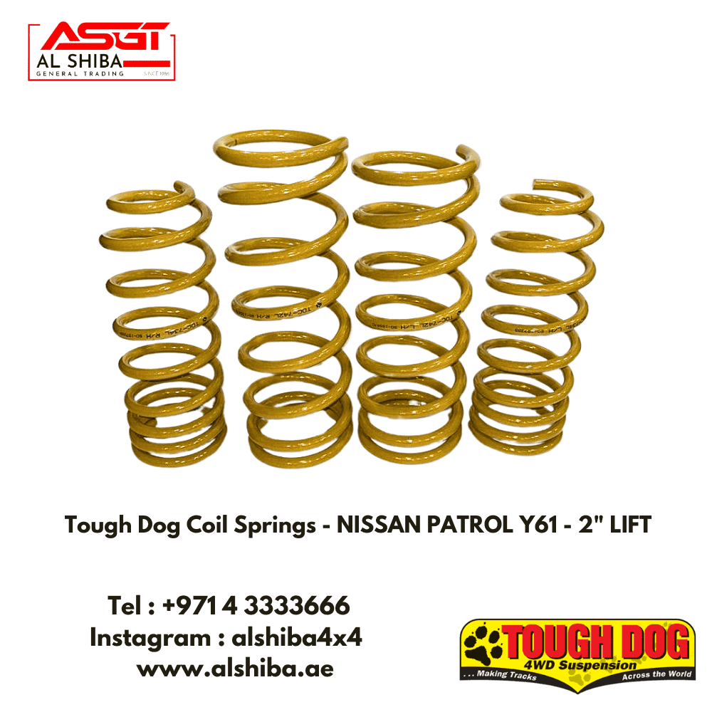 Heavy-duty yellow dog coil springs for Nissan Patrol Y61 2-inch lift suspension.