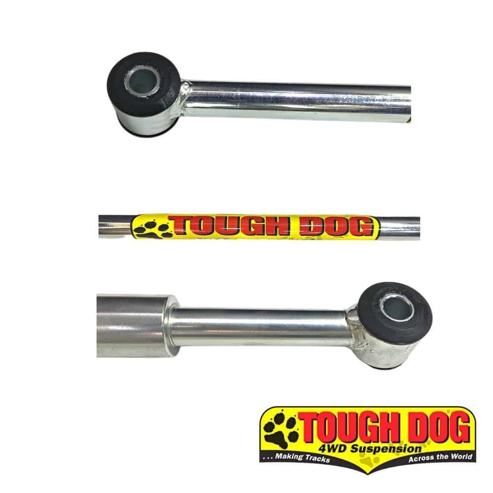 Heavy-duty automotive suspension stabilizer link with Tough Dog branding.