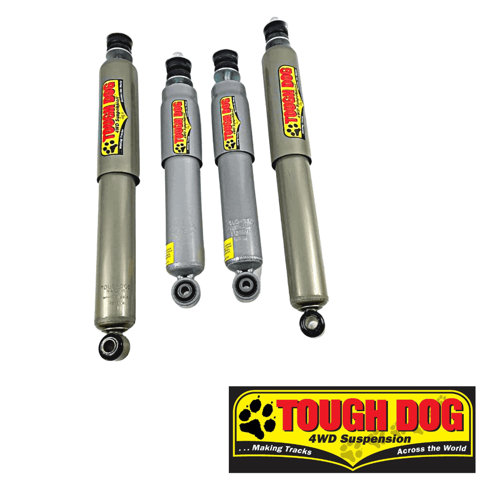 Shock absorbers for 4WD vehicles with Tough Dog branding, suitable for off-road suspension upgrades.