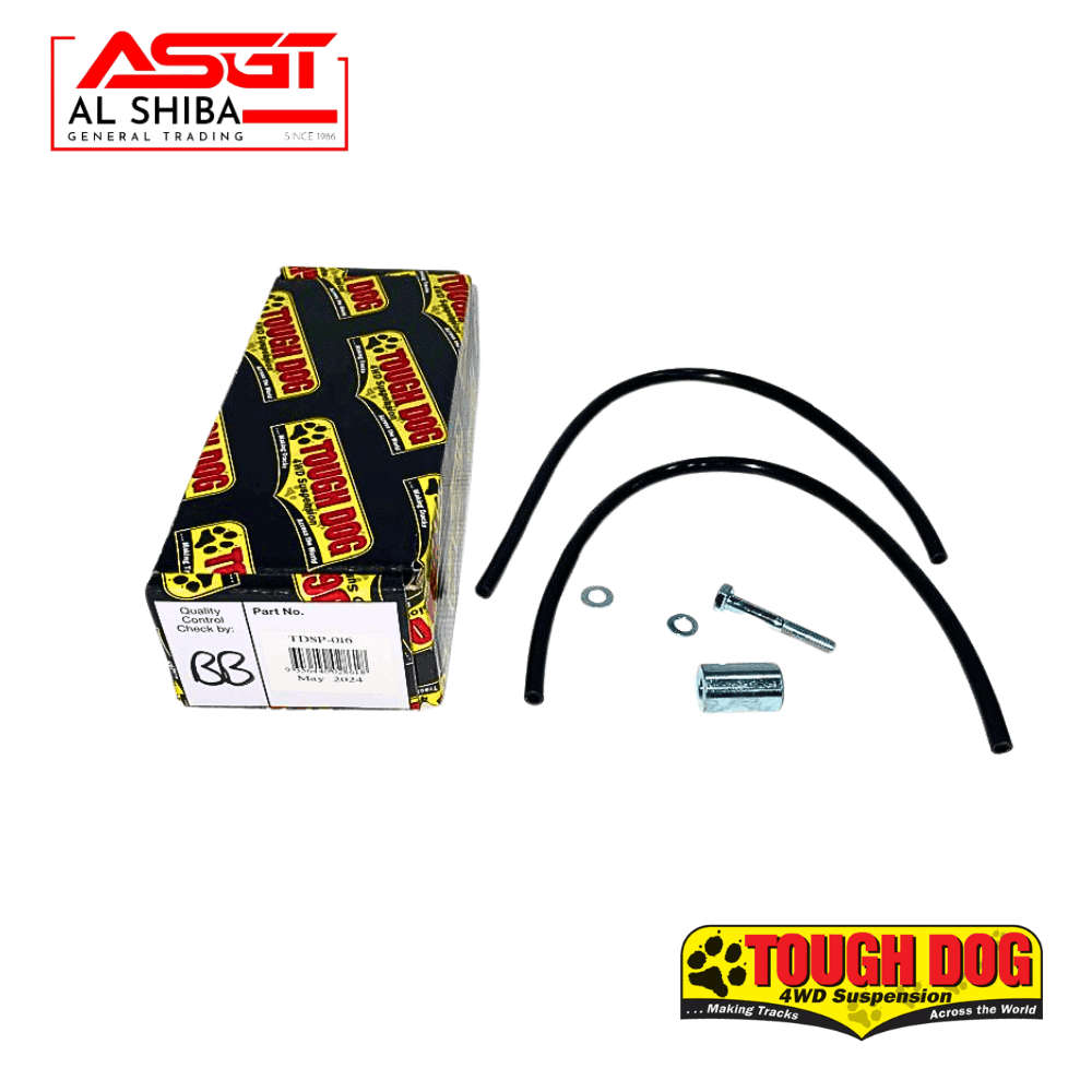 Auto parts kit with rubber hoses, screws, and metal components for vehicle maintenance.