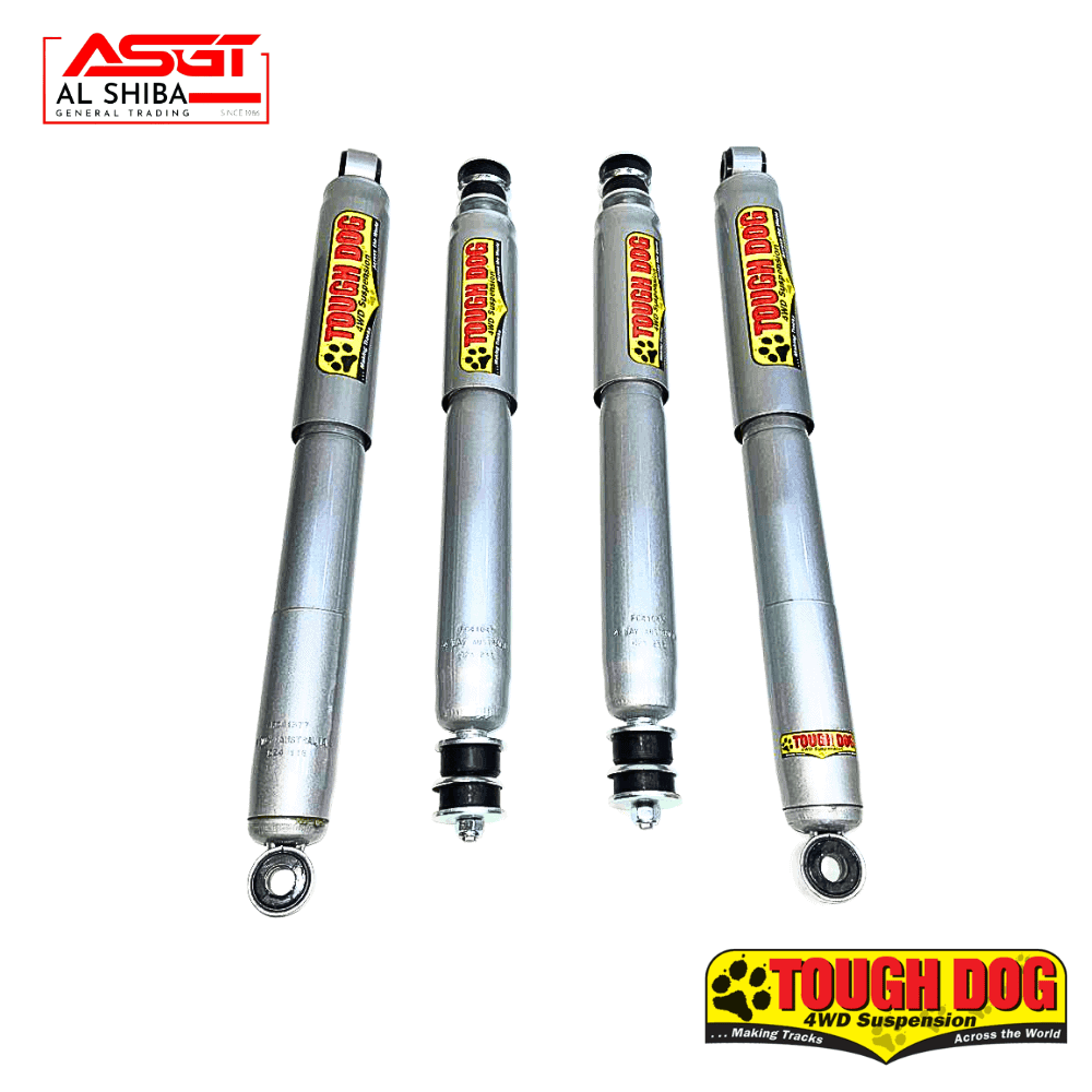 Heavy-duty 4WD shock absorbers for off-road vehicles by Al Shiba General Trading.