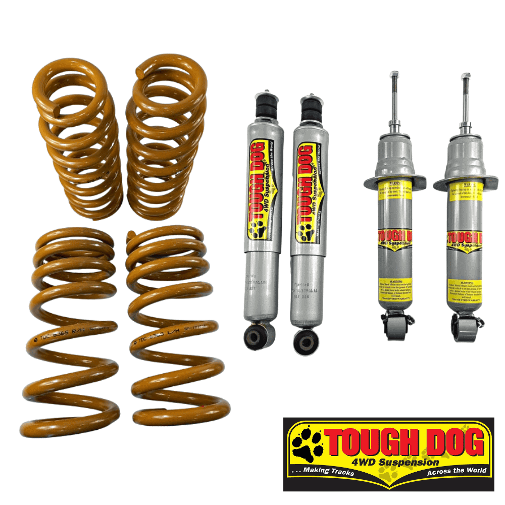 Heavy-duty shock absorbers and coil springs for 4WD vehicles from Tough Dog, designed for off-road p.
