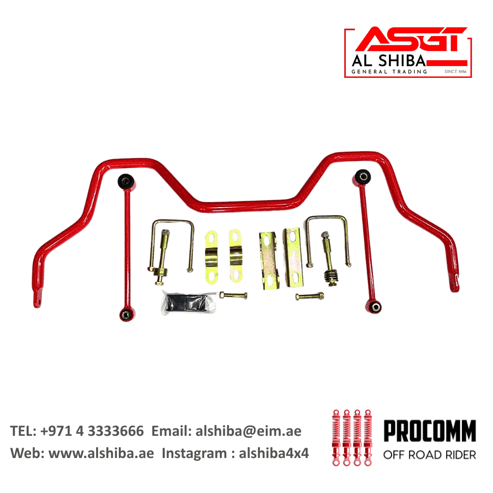 Red off-road vehicle suspension stabilizer bar with mounting hardware for rugged terrain.