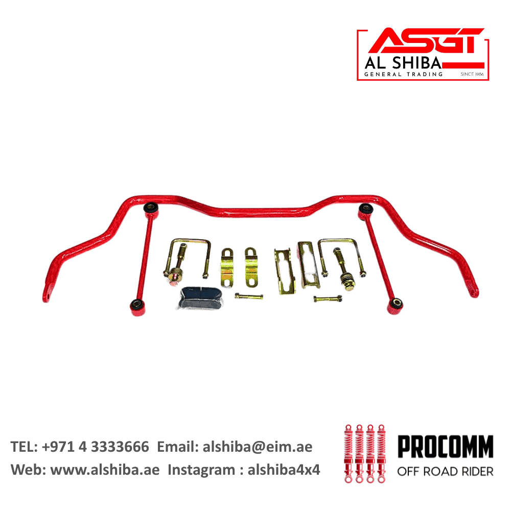 Red off-road vehicle suspension kit with mounting hardware for rugged terrain.