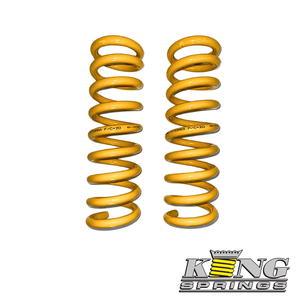 Yellow coil springs for automotive suspension, high-quality King Springs brand.