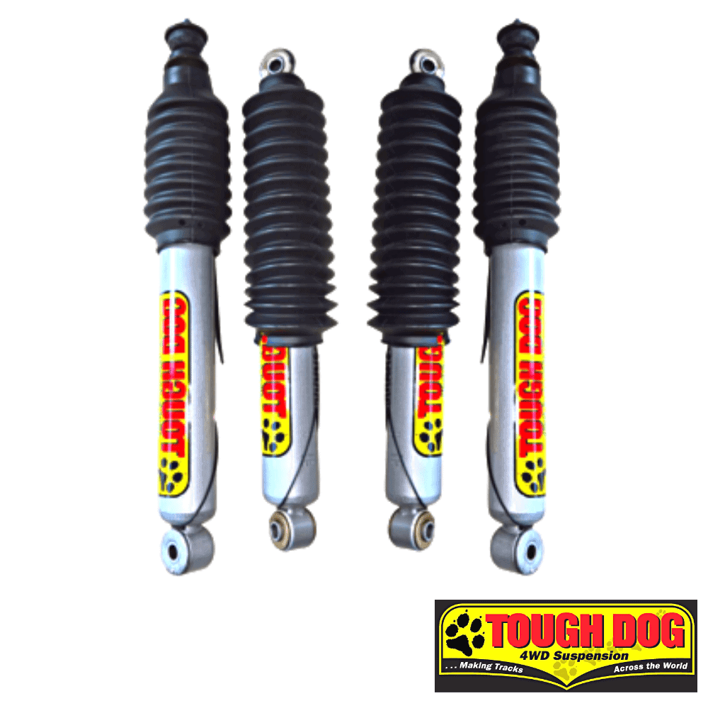 High-quality 4WD suspension shock absorbers with Tough Dog branding for off-road vehicles.
