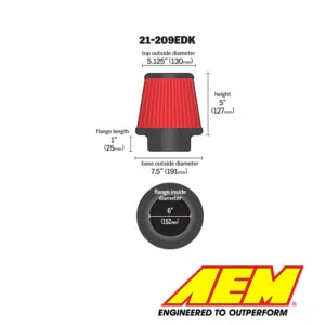 A high-quality automotive air filter with detailed dimensions and AEM branding.