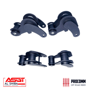 Set of four dark plastic mounting brackets with holes and pins, likely motorcycle chain guides or tensioners, shown against a white background with brand logos.