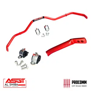 Red off-road motorcycle handlebar with mounting clamps, bolts, and hardware; visible logos for AL SHIBA and PROCOMM Off Road Rider in the corners.