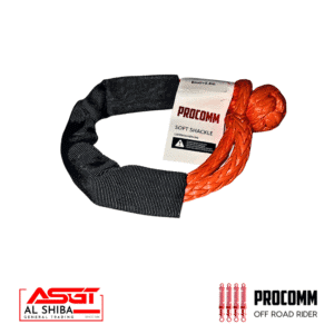 Procomm soft shackle: orange braided rope with black protective sleeve and tag on a white background, logos in corners indicate brand partnerships.
