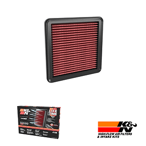 Red pleated air filter with black frame, shown with its box and K&N logo.