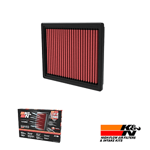 Red pleated air filter with black frame, product photo for automotive intake upgrade (K&N)