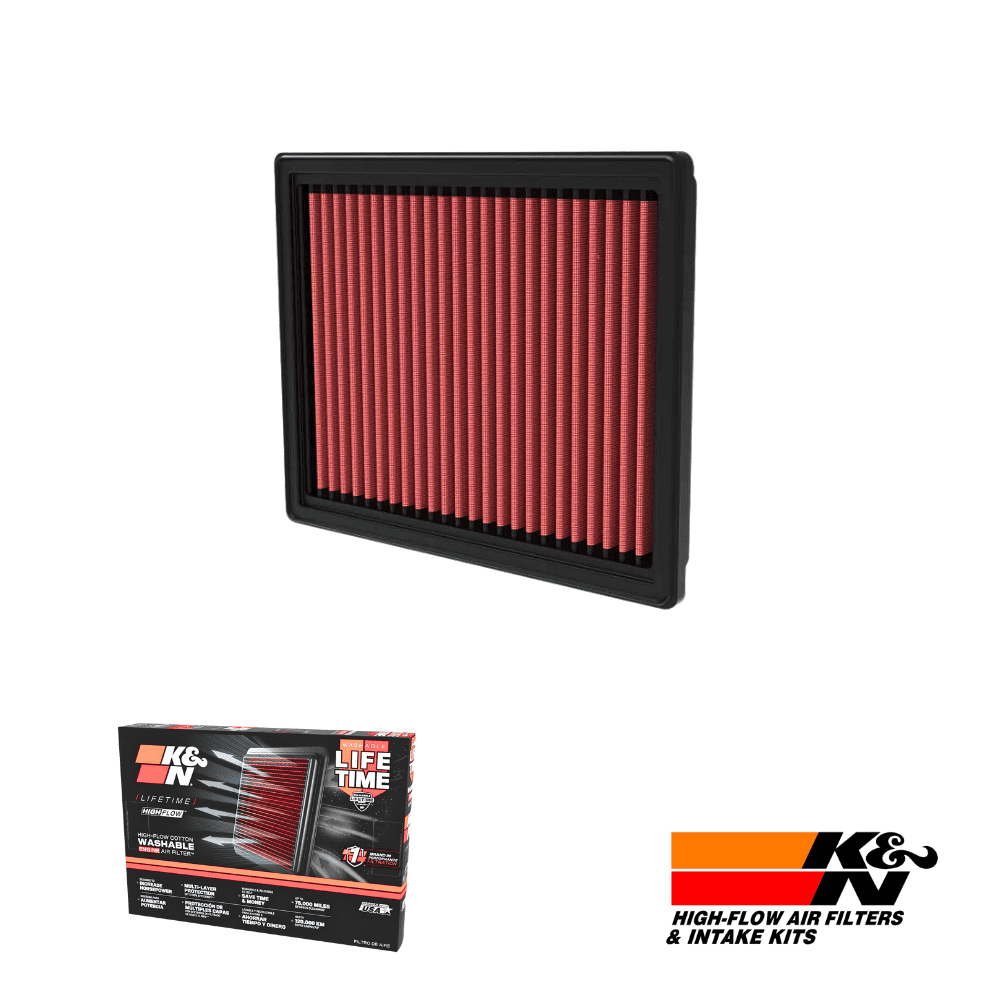 Red pleated air filter with black frame, product photo for automotive intake upgrade (K&N)