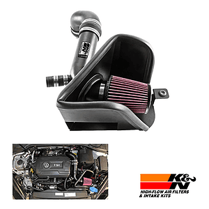 K&N high-flow air intake kit with a red cone filter and metal intake tubing.