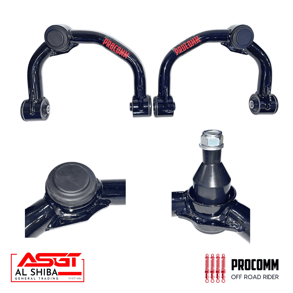 Pair of black Procomm off-road control arms with ball joints, shown with bolt and manufacturer logos (Al Shiba and Procomm).