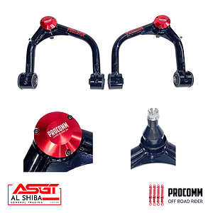 Set of black PROCOMM off-road suspension control arms with red anodized caps; includes close-ups of joint and mounting hub, with AL SHIBA and PROCOMM OFF ROAD RIDER logos.