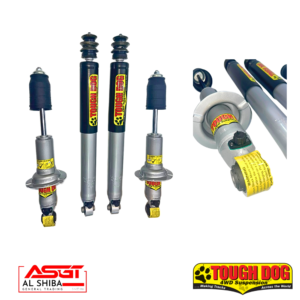 Set of Tough Dog 4WD suspension shocks on a white background, with product labels and warning decals; brand logos in corners.