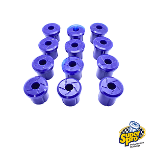 Twelve blue polyurethane bushings with central holes, arranged in a grid; Super Pro logo in the bottom-right corner.