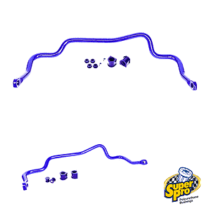Blue polyurethane sway bar link kit with bushings and sleeves, shown with SuperPro logo in corner.