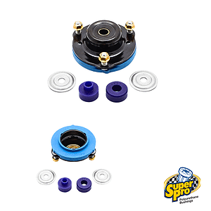 Suspension bushing kit elements: blue/black hub mount with silver washers and purple spacers, labeled Super Pro polyurethane bushings.