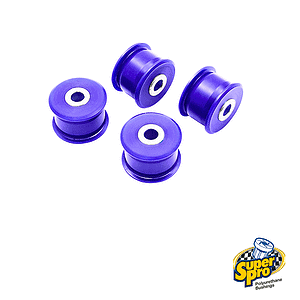 Set of four purple polyurethane suspension bushings with white inner sleeves; SuperPro logo in corner.