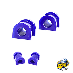 Pair of blue semicircular polyurethane bushings with central holes, shown from angles; branded SuperPro on white background