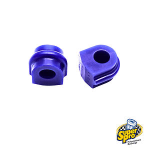 Two blue polyurethane bushings with central holes, used in suspension components; SuperPro logo in bottom-right corner.