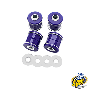 Purple polyurethane bushings with metal sleeves and four white washers, product from SuperPro.