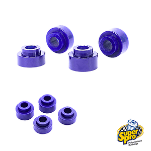 Purple polyurethane bushings set for suspension components, with multiple inner and outer sleeves; includes four small bushings and three larger end-cap parts, branded SuperPro.
