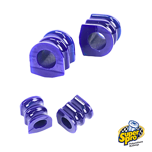 Purple polyurethane suspension bushings (three pieces shown) with metal mesh inserts on ends, brand shown as SuperPro in corner