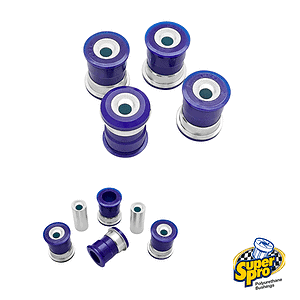 Blue polyurethane suspension bushings with metal sleeves arranged on a white background, branded SuperPro.