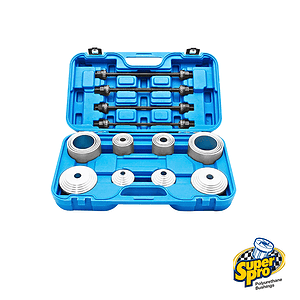 Open blue toolbox containing a set of polyurethane bushings and metal spacers for car suspension, with the SuperPro logo visible in the corner.