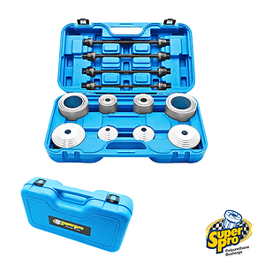 Open blue tool case with assorted metal bushings, spacers and tightening rods for automotive suspension, branded SuperPro.