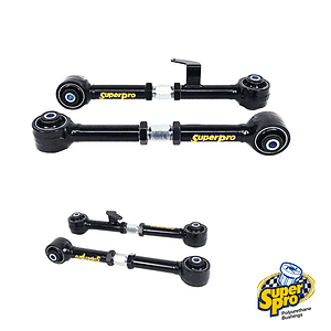 Pair of black suspension end links with polyurethane bushings labeled 'Superpro' and a logo in the corner, used for stabilizer bar connections.
