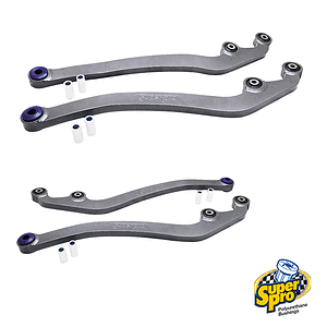 Pair of silver suspension control arms with polyurethane bushings and spacers, shown in multiple angles, with a SuperPro logo in the corner.
