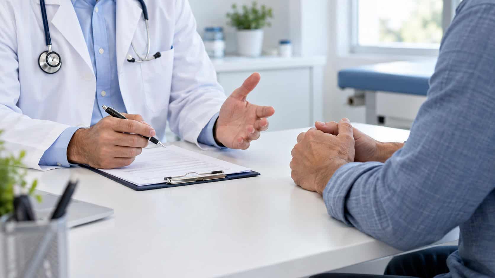 Doctor discussing treatment options with a male patient across a desk.
