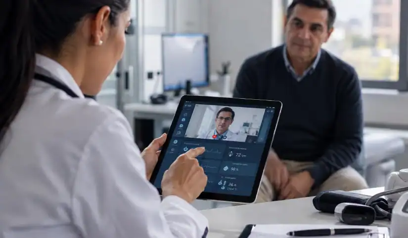 Profesional de salud usa herramientas de salud digital en una consulta médica remota
