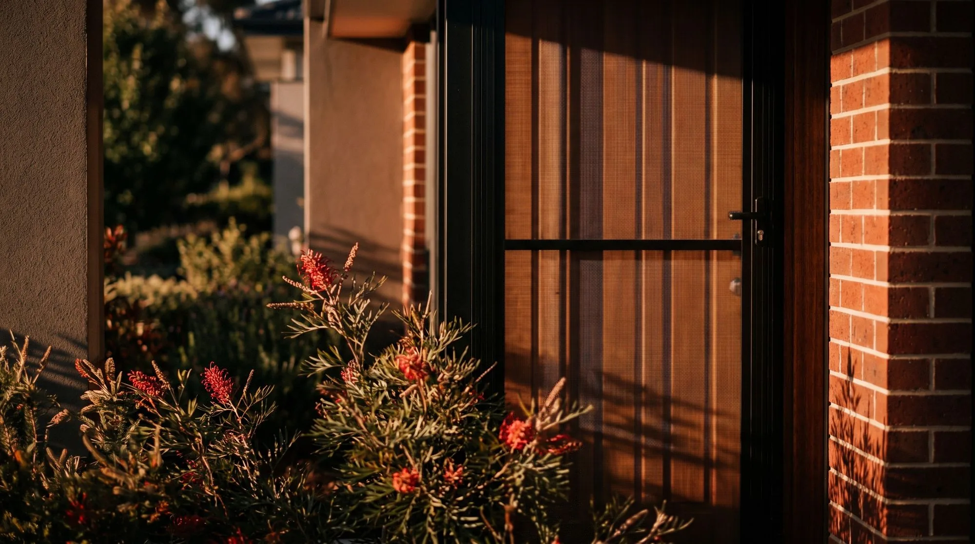 A security screen door on a brick home in warm evening light