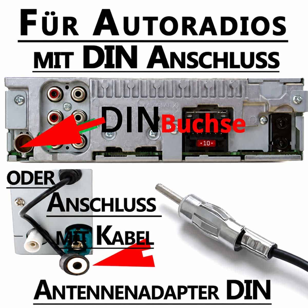 DIN Anschluss am Autoradio mit männlichem Antennenadapter für den Radioantennen-Eingang