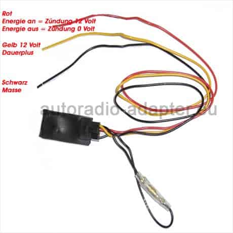 4. Alt-Text: Autoradio Adapter Kabel mit CAN-Bus, 12V Dauerplus, Zündungsplus, Masse.