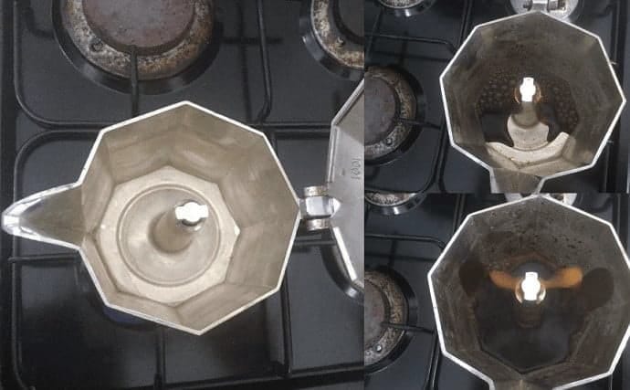 Top view of the Moka Pot brewing coffee 
